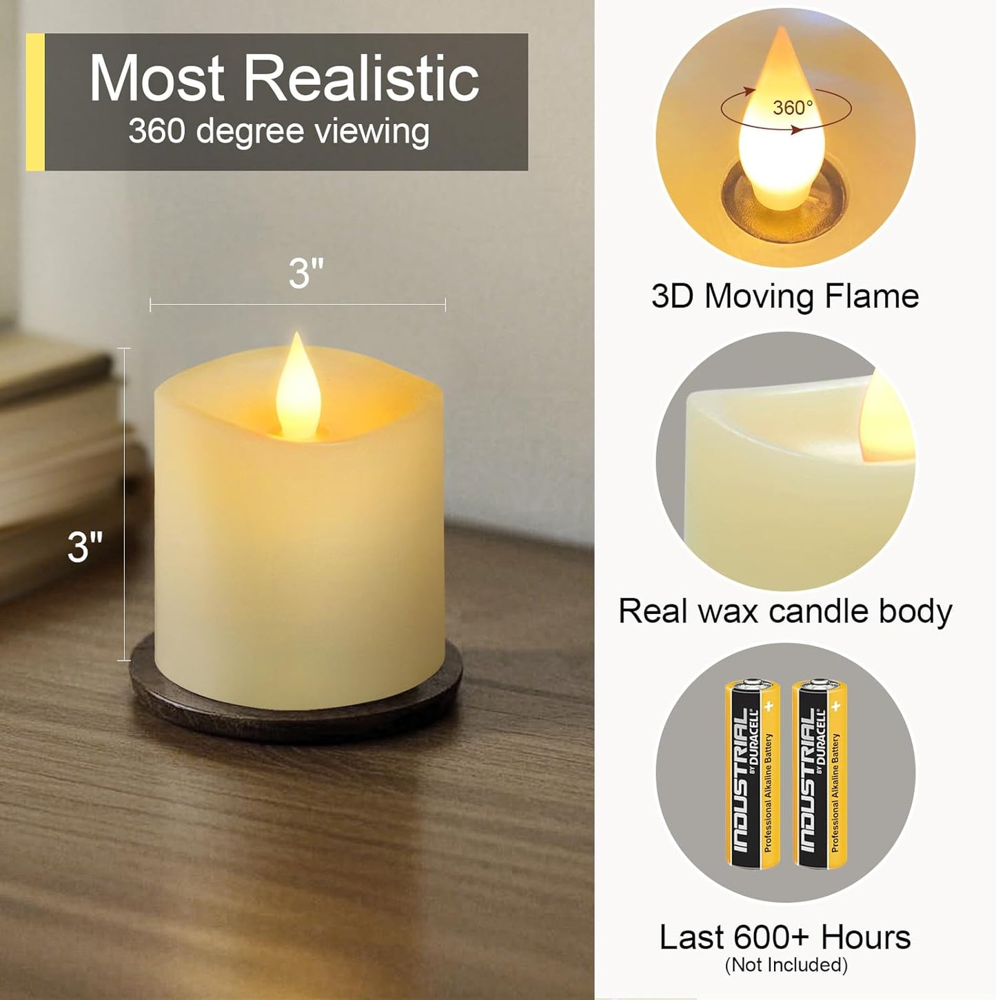3x3 Flameless Candles with Remote Set of 2, 3 inch Battery Candles Flickering with Timer, LED Pillar Candle for Indoor/Outdoor, White
