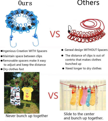 2 Pack Portable Clothesline with 12 Clothespins, Windproof Travel Stretchy Retractable Elastic Laundry Clothes Line for Backyard, Vacation Hotel, Balcony Drying