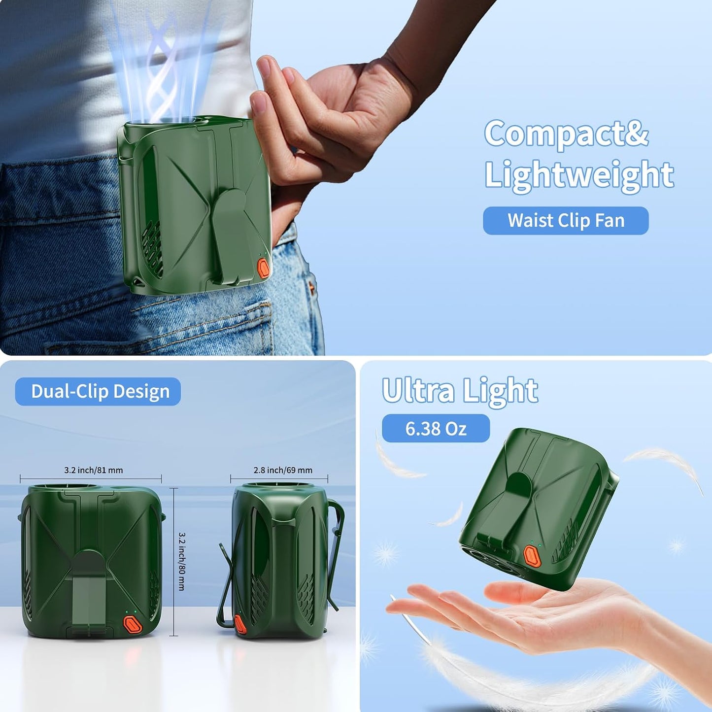 2025 Portable Waist Fan, 6 Speeds 14000RPM Strong Airflow, with Clip-on, 6000mAh Rechargeable Battery up to 31H Working Time, Wearable Belt Shirt Fan for Outdoor Jobsite(Green)