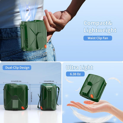 2025 Portable Waist Fan, 6 Speeds 14000RPM Strong Airflow, with Clip-on, 6000mAh Rechargeable Battery up to 31H Working Time, Wearable Belt Shirt Fan for Outdoor Jobsite(Green)