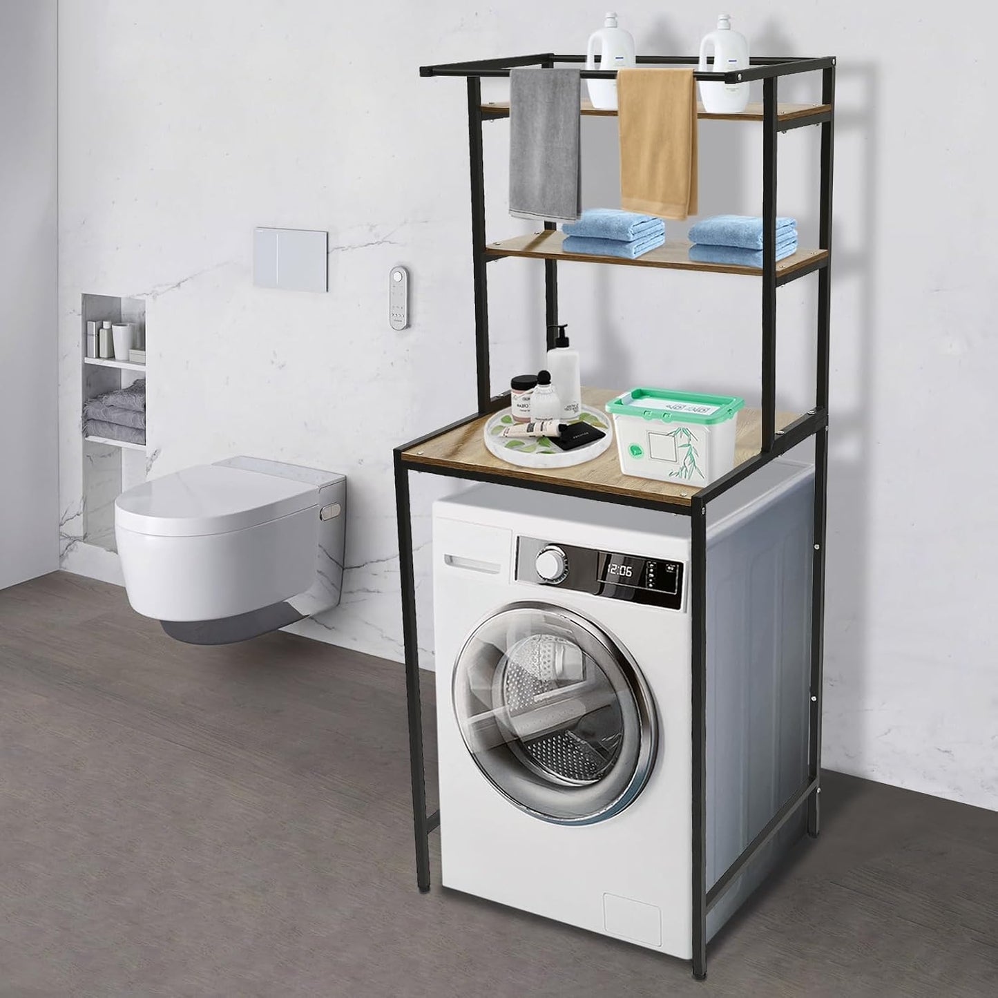 Washer and Dryer Storage Shelf, Three-Tier Compartment and large Compartment Bottom Bathroom Space Saving Organizer Rack 22 lbs Each Tier Capacity, Space Saver Standing Rack (Oak Wood, Black)