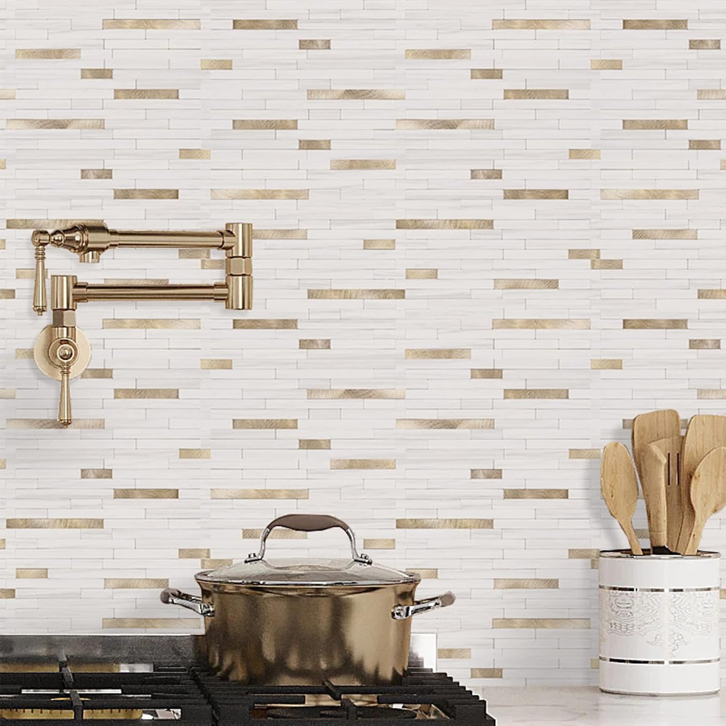 STICKGOO 20 Sheets Peel and Stick Backsplash Tile, Stick on Backsplash for Kitchen and Bathroom, White Sandstone Look PVC Mixed Metal Gold Self Adhesive Wall Tiles