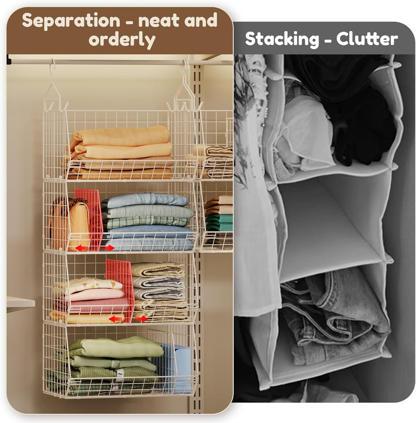 Jautokerdar 4 Tier Hanging Closet Organizer with Dividers,Extra Large Storage Hanging Shelf with 5 S Hooks 4 Dividers,Hang on Wire Closet Shelving Clothes Organizer-Black
