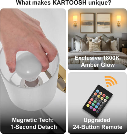 Battery Operated Wall Sconces Set of Two,Wireless Rechargeable Wall Light With Remote Control, Dimmable, Amber Light/Warm White/Natural White/Daylight/RGB, Timer,for Living Room,Bedroom,Entryway,Gold