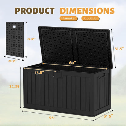 Flamaker Resin Deck Box 120 Gallon Waterproof Large Outdoor Indoor Storage Box Imitation Wood Resin for Patio Furniture Garden Tools and Pool (Black)