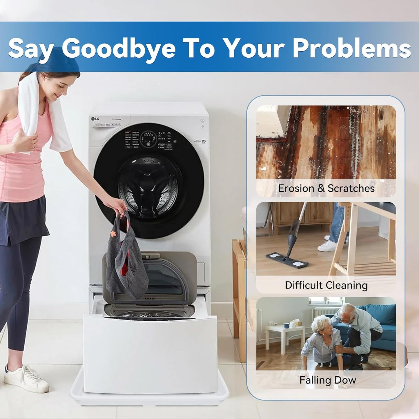 30x32inch Washing Machine Drain Pan, with Raised Edge, Features a Heavy Durable Plastic, Floor Protector - Protects Floors from Leaksf, with 1" Drain Fittings, Black
