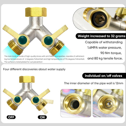Hose Splitter 2 Way, Y-Valve Water Spigot Splitter, High Flow Faucet Splitter, 3/4" GHT Thickened Hexagonal Water Inlet with 2 Garden Hose Coiled Spring Protectors and 2 More Extension Handles