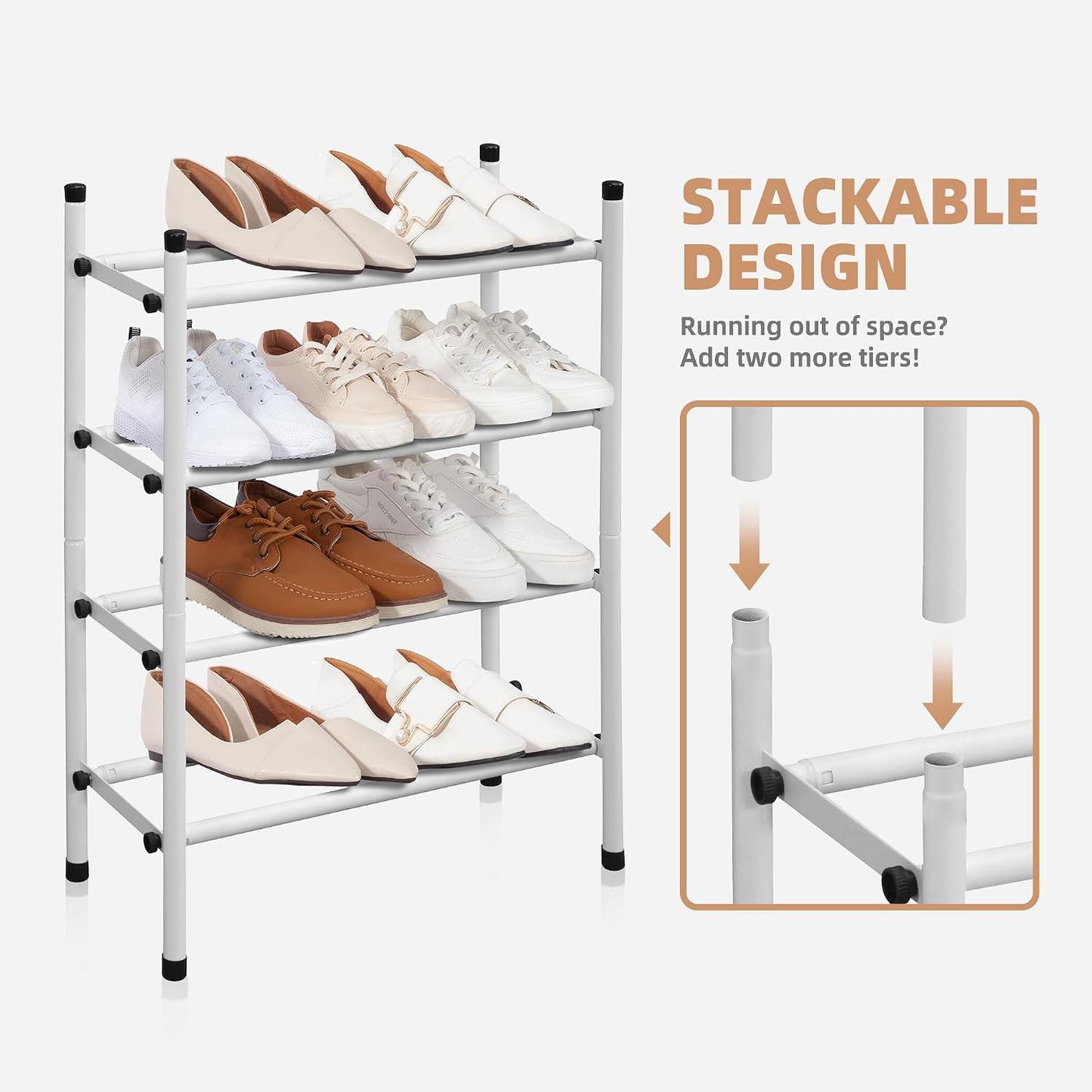 STORAGE MANIAC Expandable Shoe Rack for Closet, 8 Pairs Stackable Small Shoe Rack, Metal Adjustable Shoes Organizer for Entryway, Hallway, Garage, Front Door, Shoes Shelves, Black 2 Tier