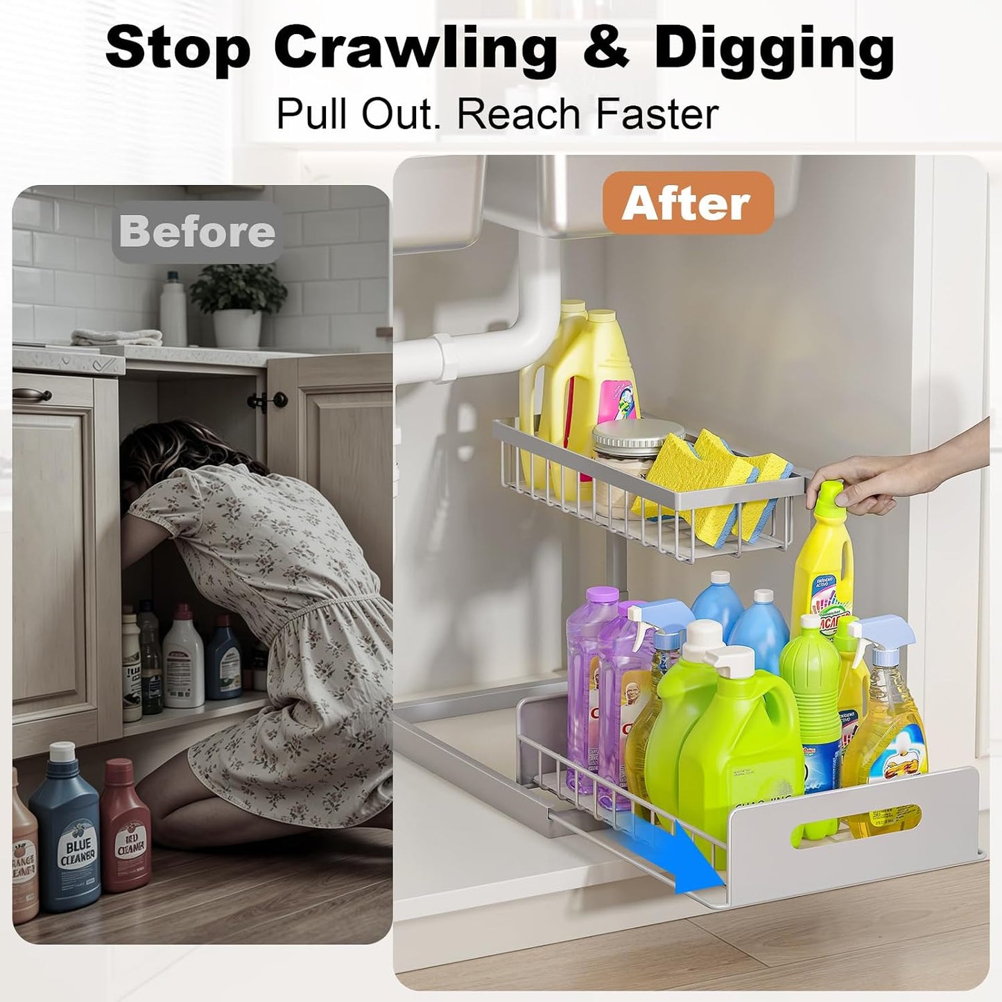 REALINN Under Sink Organizer, Pull Out Cabinet Organizer, 2 Tier Metal Slide Out Shelf with L Shaped Design for Kitchen, Bathroom, Laundry, and Utility Cabinet Storage for Deep Cabinets, White, 2 Pack