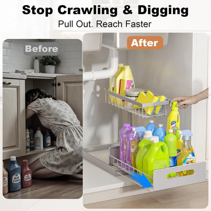 REALINN Under Sink Organizer, Pull Out Cabinet Organizer, 2 Tier Metal Slide Out Shelf with L Shaped Design for Kitchen, Bathroom, Laundry, and Utility Cabinet Storage for Deep Cabinets, White, 2 Pack