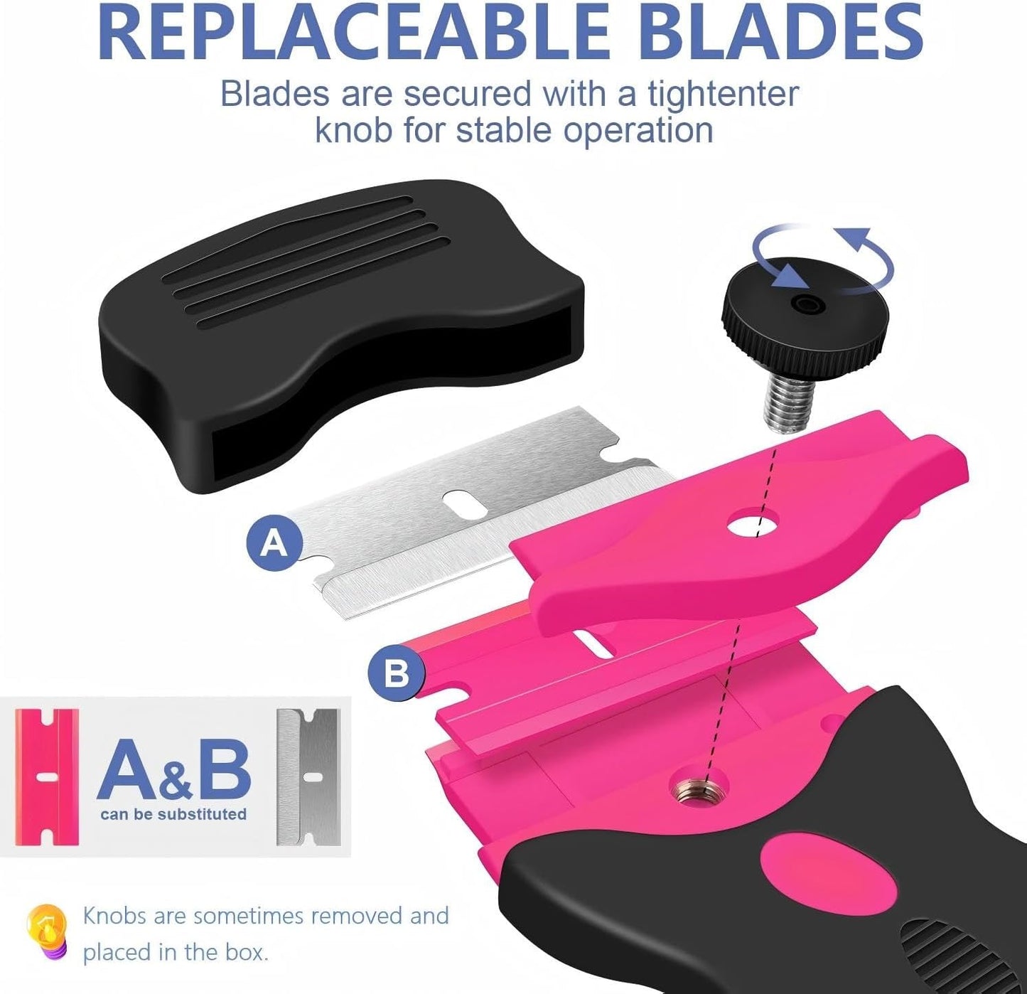 DEKEones Razor Blade Scraper, Double Edged Razorblade Scraping Tool with 10 Pcs Razor Blades, Paint Scraper for Glass, Decals, Tint, Stickers, Labels, Caulk, Adhesive(Pink)