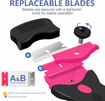 DEKEones Razor Blade Scraper, Double Edged Razorblade Scraping Tool with 10 Pcs Razor Blades, Paint Scraper for Glass, Decals, Tint, Stickers, Labels, Caulk, Adhesive(Pink)