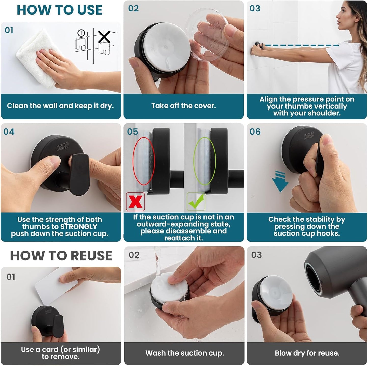 TAILI Suction Cup Razor Holder in Shower 2 Pack, Towel, Loofah, Shaver Holder for Bathroom Wall, Powerful Suction Cup Shower Hooks, Easy to Install and Reuse, White