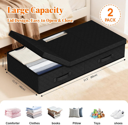 StoreHappily Under Bed Storage Containers with Lids - 2 Pack, Foldable and Stackable Clothes Storage Bags with Clear Window, 3-Sided Handles and Label Slot for Clothing, Blankets, Pillows (Grey)
