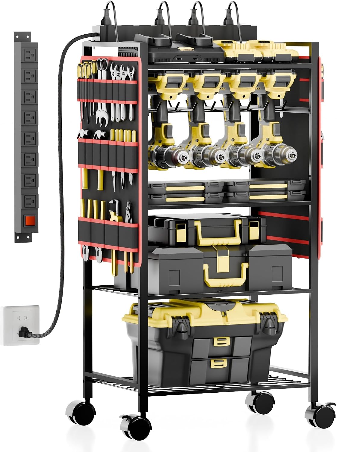 5-Tier Power Tool Organizer Cart with Charging Station - 8 AC Outlets, 300 lbs Heavy Duty Utility Rack, Rolling Drill Holder & Tool Storage Cart on Wheels for Garage, Workshop, Gift,Red