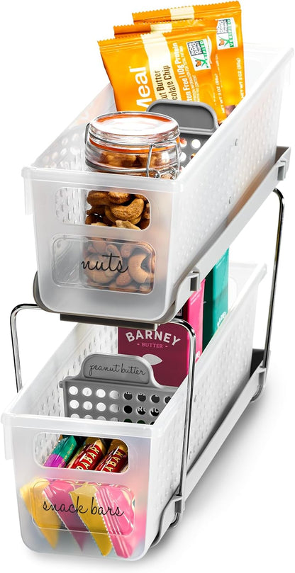 madesmart Mini 2-Tier Organizer, Multi-Purpose Slide-Out Storage with Handles and Dividers for Home and Bath, Frost