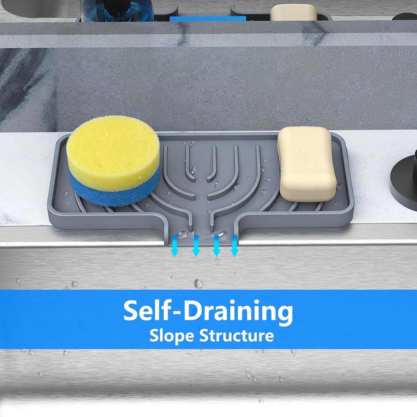 Sponge Holder for Kitchen Sink, Dish Sponge Holder & Soap Tray with Drain, Bathroom Sink Sponge Drying Rack & Perfect Organizer for Dispenser,Bottle,Cup on Sinks or Counter(8"x 4"Gray)