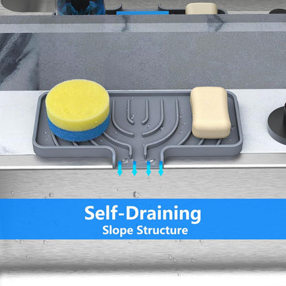 Sponge Holder for Kitchen Sink, Dish Sponge Holder & Soap Tray with Drain, Bathroom Sink Sponge Drying Rack & Perfect Organizer for Dispenser,Bottle,Cup on Sinks or Counter(8"x 4"Gray)