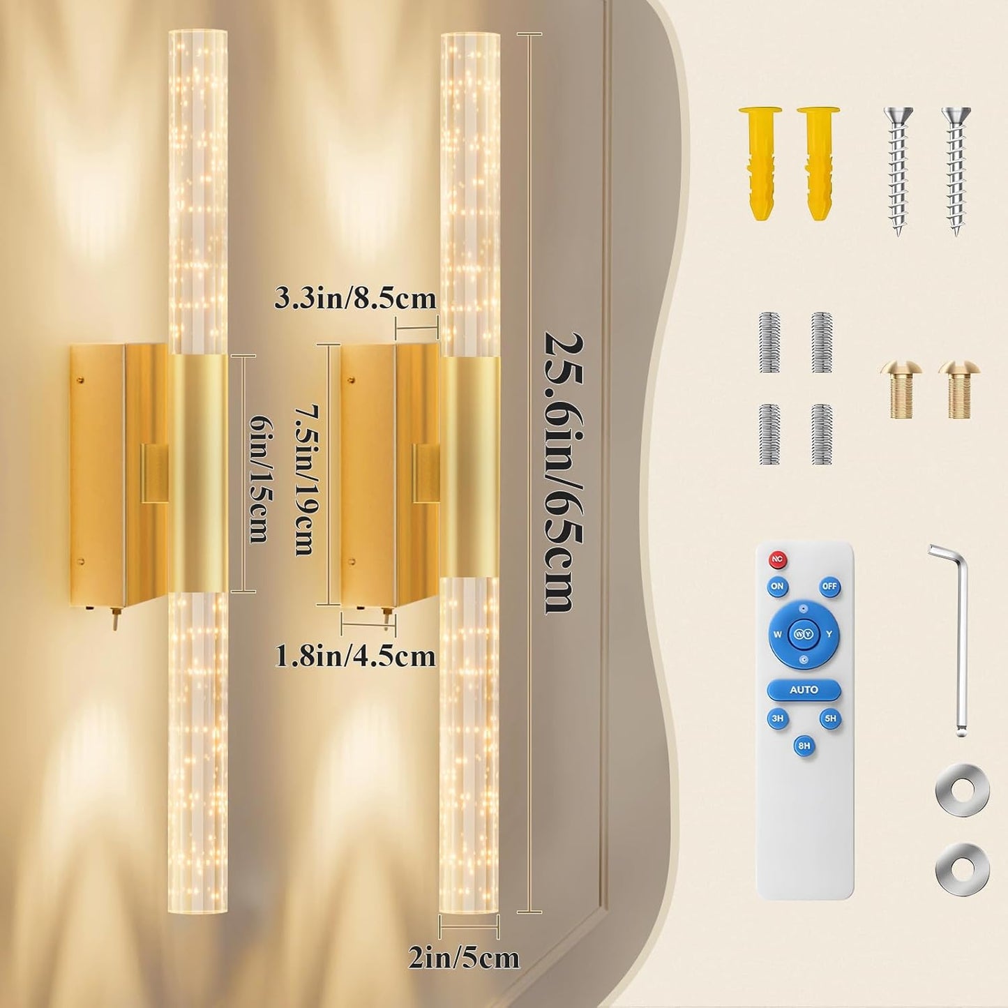 camuucci Battery Operated Wall Sconces Set of 2 Rechargeable Battery Powered Wall Light with 12000mAh Not Hardwired Dimmable Wall Lamp Fixtures for Bedroom Living Room Gold 15.3 Inches