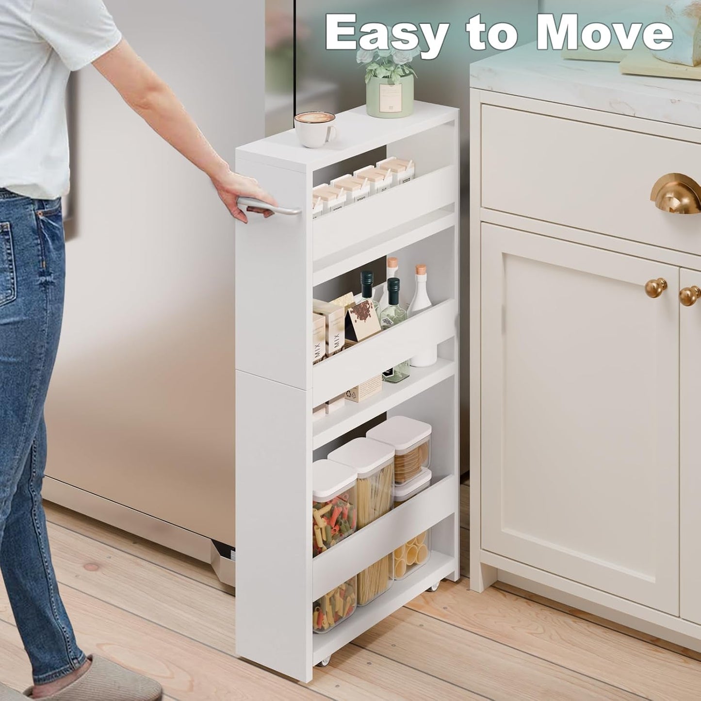 MARTY Slim Rolling Storage Cart 4-Tier Kitchen Cart with Wheels, Laundry Room Storage with Handle Slide Out Utility Cart Shelving Unit Organizer Trolley for Narrow Places Bathroom Small Corner, Black