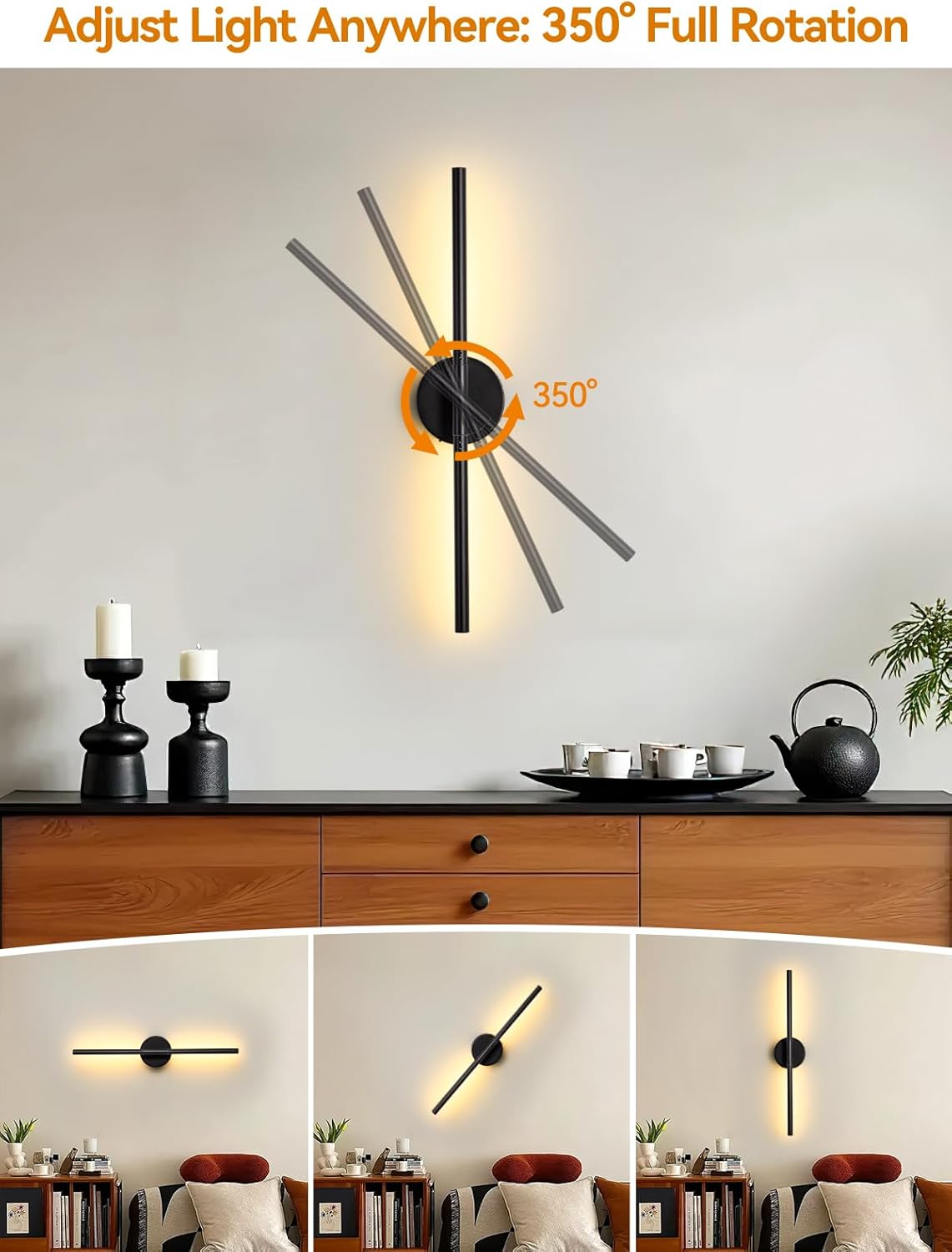 Battery Operated Wall Sconces Set of 2, Modern Wireless Wall Lights with Remote & Touch Control, 24 Inch Black Dimmable Rechargeable LED Sconce with 3 Colors & Timer for Bedroom, Living Room, Hallway