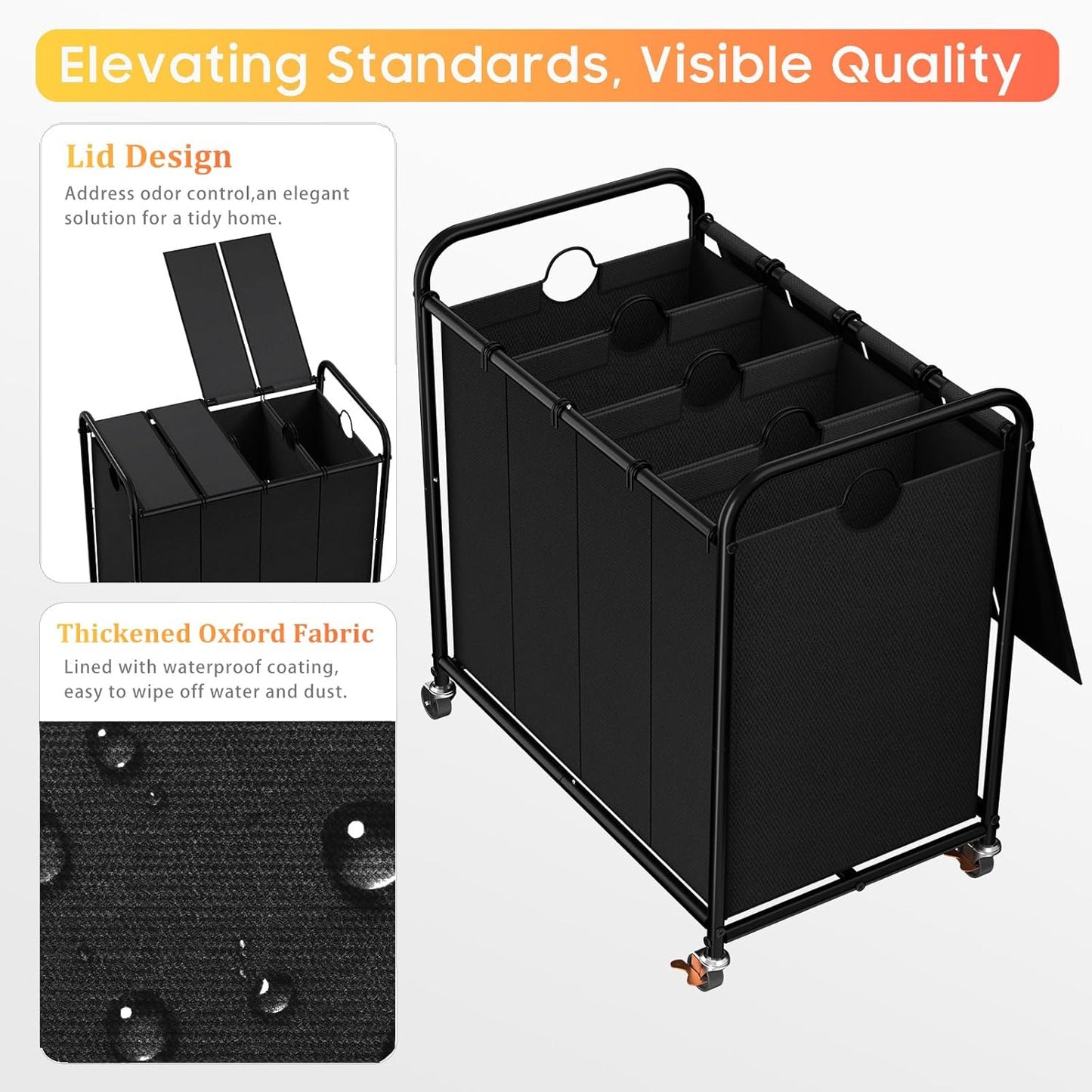 180L (47.55 Gal) Laundry Sorter 3 Section, Rolling Laundry Basket with Lockable Wheels and Lid, Laundry Hamper with 3 Separated Removable Bags Dirty Clothes Hamper for Laundry Room Organizer, Black