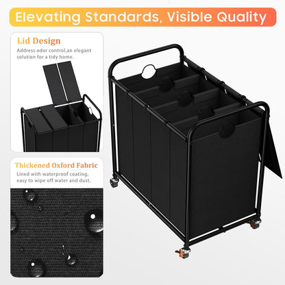 180L (47.55 Gal) Laundry Sorter 3 Section, Rolling Laundry Basket with Lockable Wheels and Lid, Laundry Hamper with 3 Separated Removable Bags Dirty Clothes Hamper for Laundry Room Organizer, Black