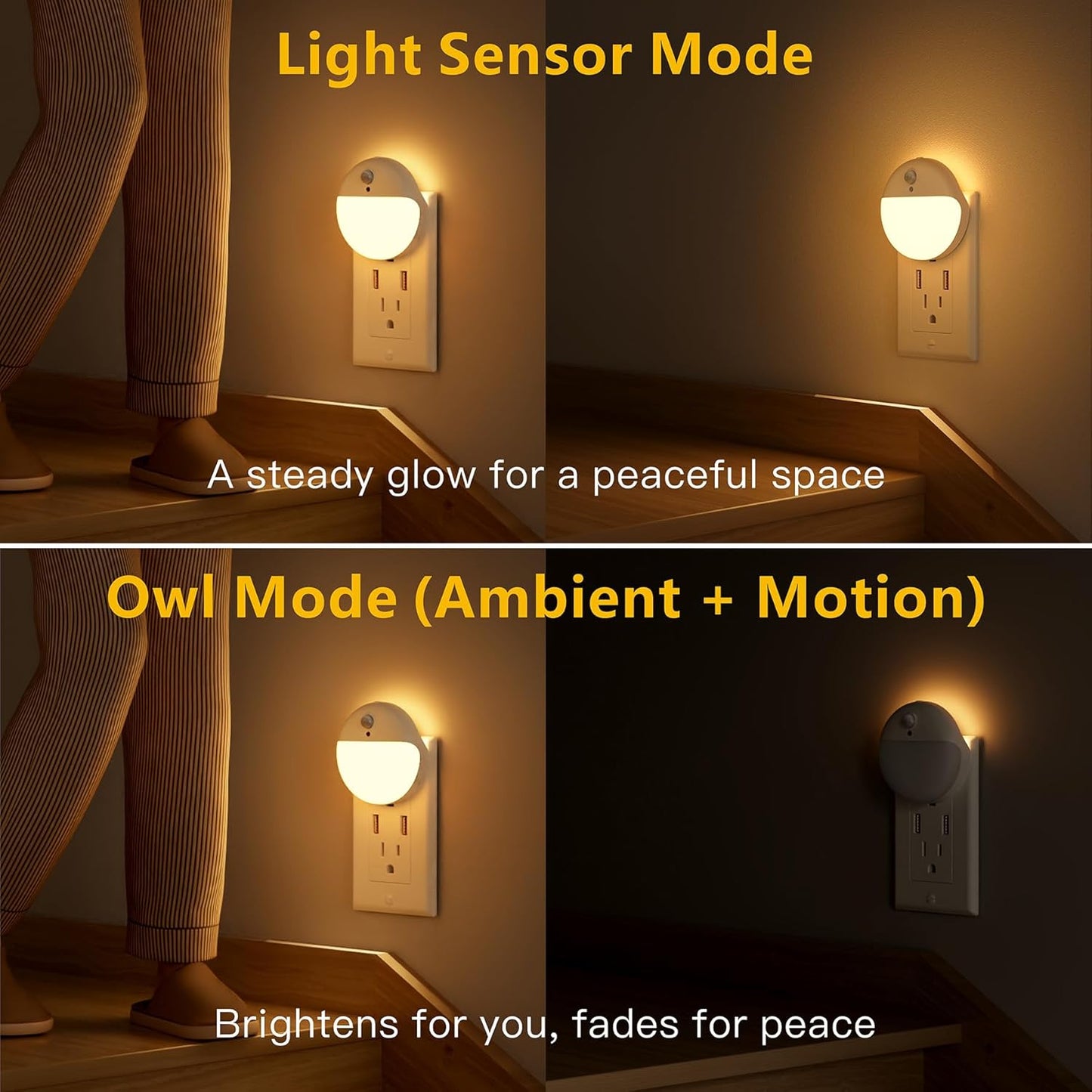 YUNLEX 2 Pack Plug in Night Light with Motion Sensor and Dusk to Dawn Sensor, Stepless Dimming, Warm White LED Nightlight with 3 Lighting Ways for Bathroom, Bedroom, Kitchen, for Kids, Adults