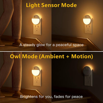 YUNLEX 2 Pack Plug in Night Light with Motion Sensor and Dusk to Dawn Sensor, Stepless Dimming, Warm White LED Nightlight with 3 Lighting Ways for Bathroom, Bedroom, Kitchen, for Kids, Adults