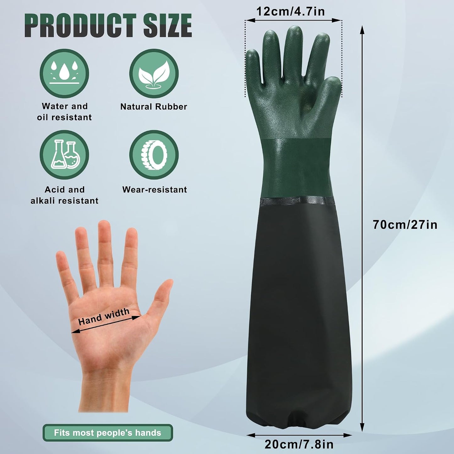 27" Full Arm Pond Gloves, Long Heavy Duty Gloves with Cotton Lining, Waterproof Rubber Chemical Resistant Glove