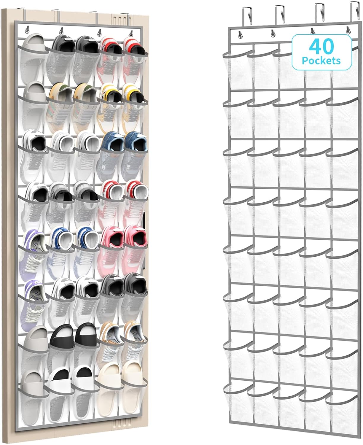 SAVERHO 35 Pockets Over the Door Shoe Organizer, Hanging Shoe Organizer for Door with 35 Mesh Pockets Large Capacity Shoe Hanging Storage Bag with 4 Metal Hooks (White-1Pack)