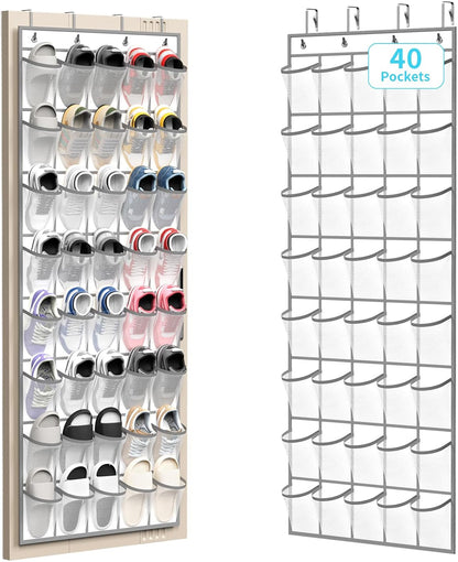 SAVERHO 35 Pockets Over the Door Shoe Organizer, Hanging Shoe Organizer for Door with 35 Mesh Pockets Large Capacity Shoe Hanging Storage Bag with 4 Metal Hooks (White-1Pack)