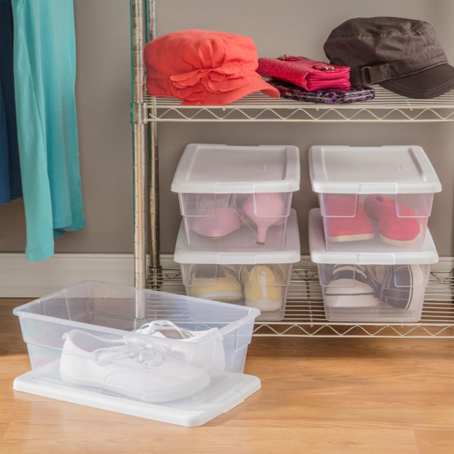 Sterilite 6 Pack Storage Box, 41 Quart Stackable Tote, Clear Plastic Container with Secure Snapping White Lids for Home and Office Organization