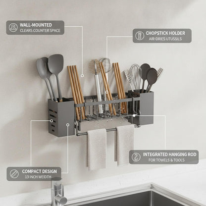 Wall-Mounted Storage Organizer for Kitchen Utensils, Compact Organizer with Chopstick Holder and Hanging Rod, PP Plastic, 13 x 3.3 x 1.6 Inches (1 PC)