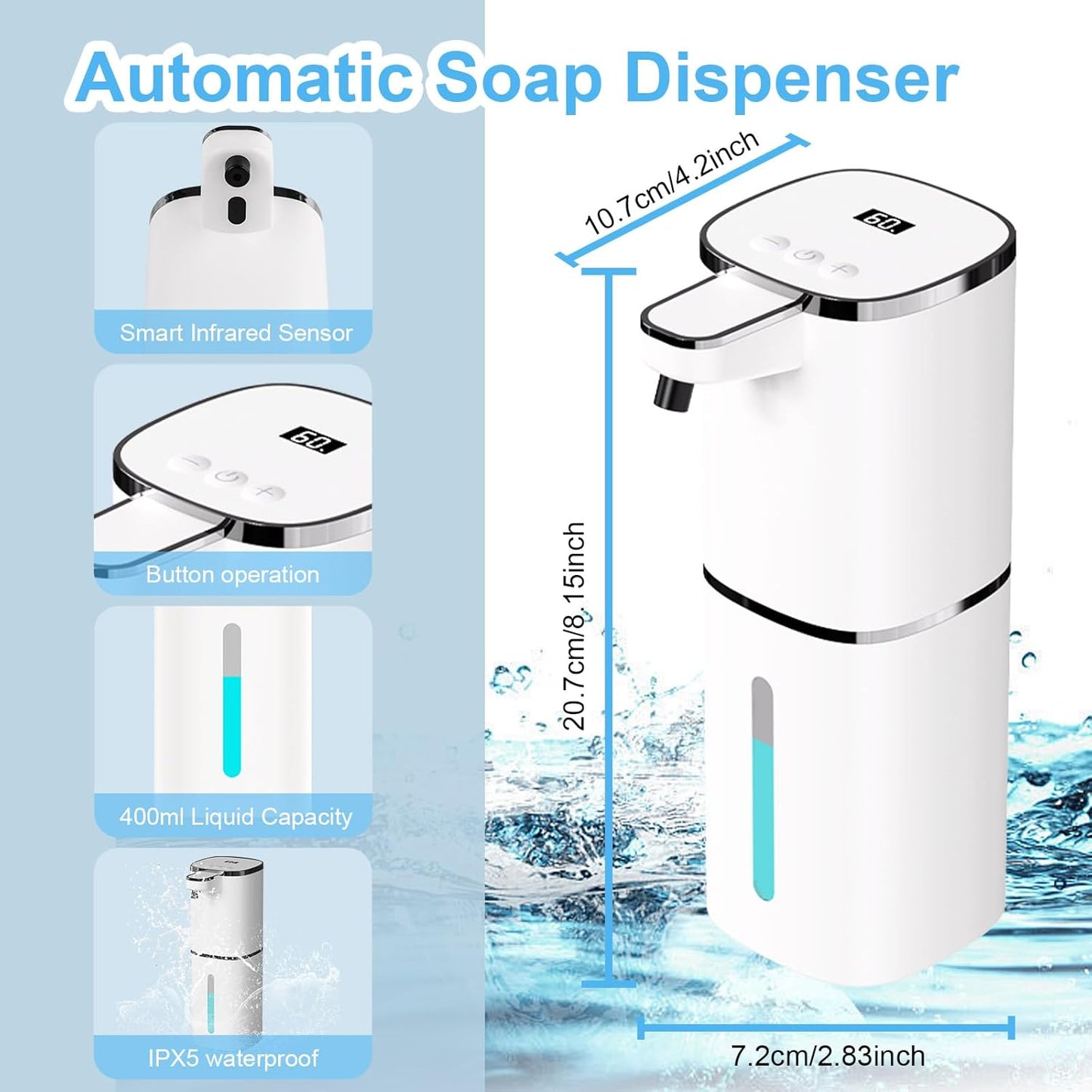 OHIFAST Automatic Foaming Soap Dispenser Touchless, USB Rechargeable Smart Hand Soap Dispenser, 9-Level Adjustable, Physical Button Operation, 13.5oz/400mL Wall Mounted for Bathroom Kitchen Dish Soap