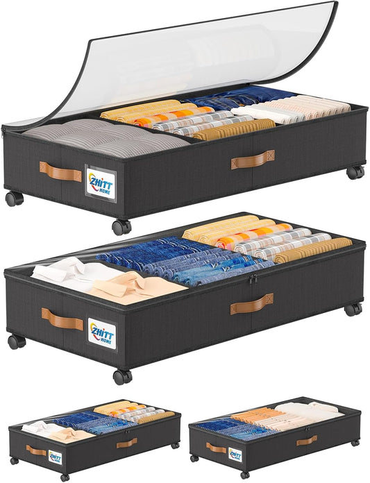 Under Bed Storage with Wheels, 2-Pack 58L Under the Bed Storage Containers with Lids, 1-Pack 15L Box, Organizer Bins Rolling Underbed Storage for Clothes, Underwear, Socks, Shoes - Delicate