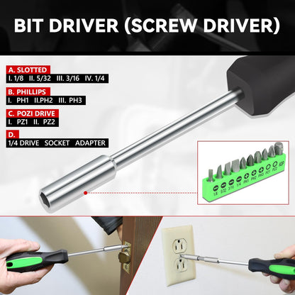 Auto Dynasty Tool Kit for Home, Basic Household Hand Tool Sets with Screwdrivers Combination Tools, All in One Plastic Toolbox Storage Case for College Dorm, Office, Auto Repair (Green)