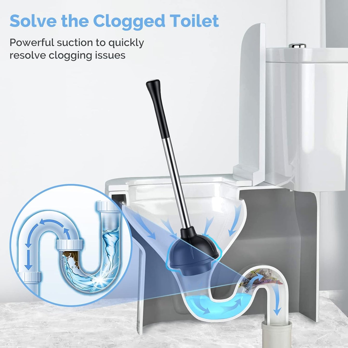 HAMITOR Toilet Plunger and Brush Set: Bathroom Powerful Cleaning Round Bristle Brush - Stainless Steel Heavy Duty Unclogging and Bowl Brush Combo - Compact Home Apartment Restroom Decor Accessories