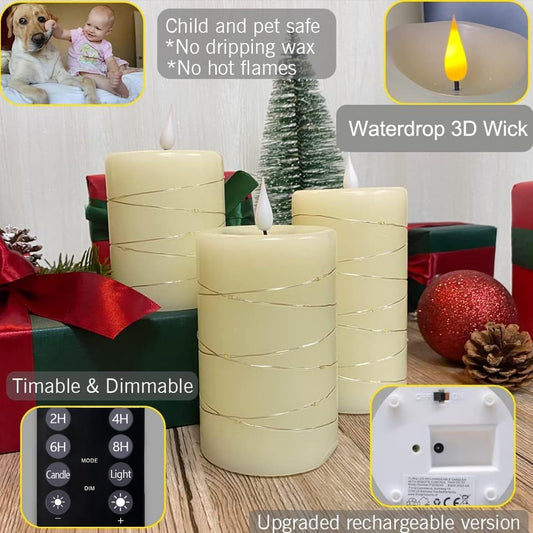 LEDHOLYT Rechargeable Flameless Glass Pillar Candles–Gifts for Women,–Set of 3, Realistic Flickering LED Light,Remote & Timer, Ideal for Living Room, Bedroom & Festival Wedding Home Party Decor