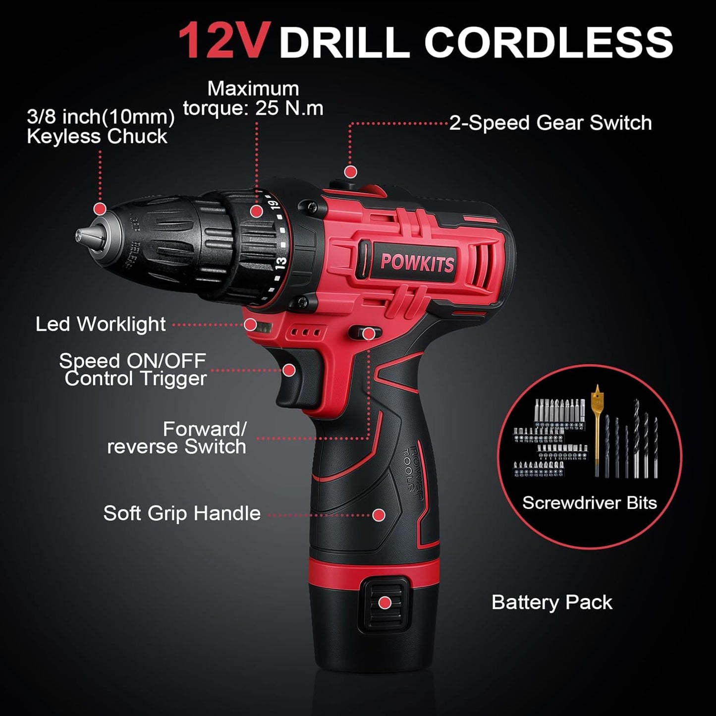 Cordless Drill Tool Set: 12V Power Drill Tool Kit with Battery & Charger, 25+1 Torque Setting, Portable Household Basic Drills Case for Men & Women, 2-Speed Electric Drill Set, 142 Piece, Green