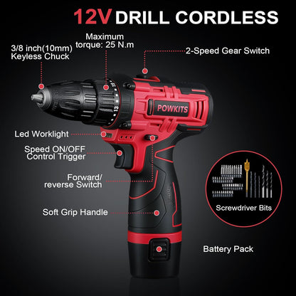 Cordless Drill Tool Set: 12V Power Drill Tool Kit with Battery & Charger, 25+1 Torque Setting, Portable Household Basic Drills Case for Men & Women, 2-Speed Electric Drill Set, 142 Piece, Green