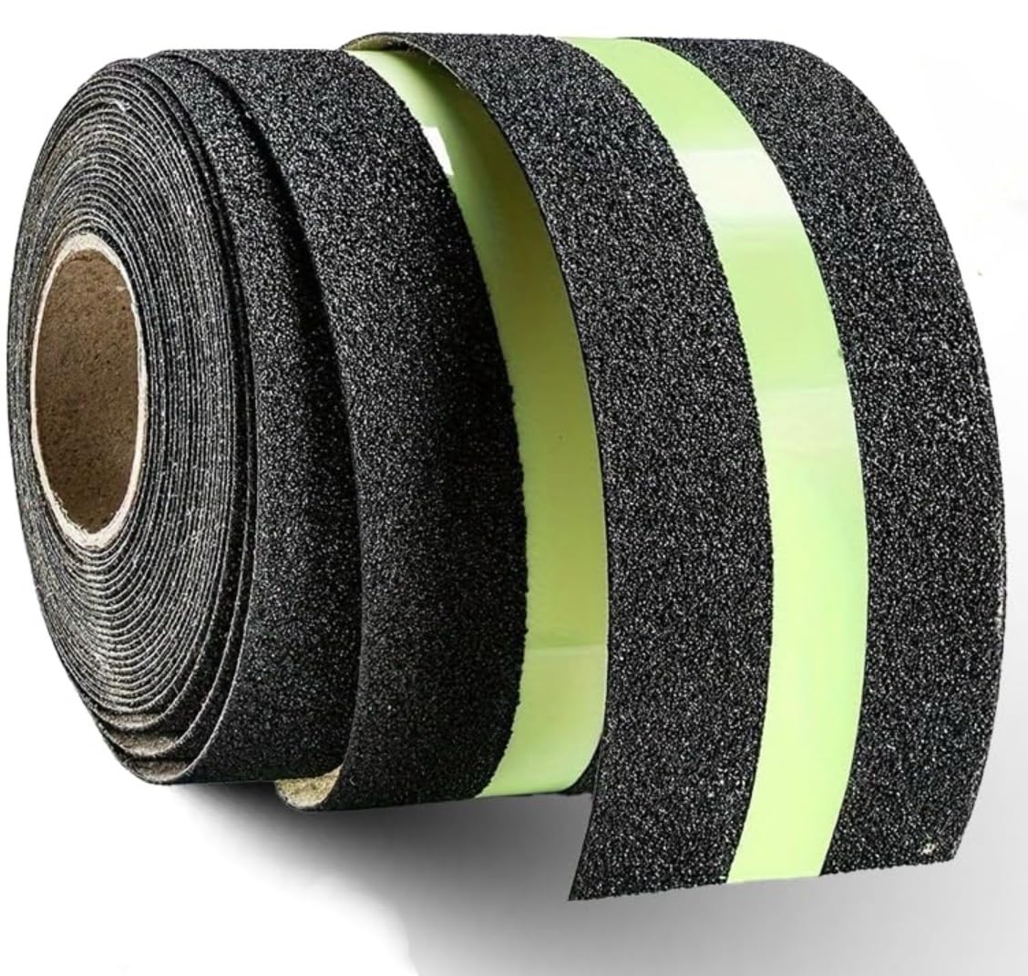 1Roll 5cmx5m Anti-Slip Traction Tape with Glow in the Dark Stripe, Waterproof Non-Skid Adhesive for Stairs, Steps, Outdoor & Indoor Use, High-Traction Safety Treads for Kids & Seniors (Black)
