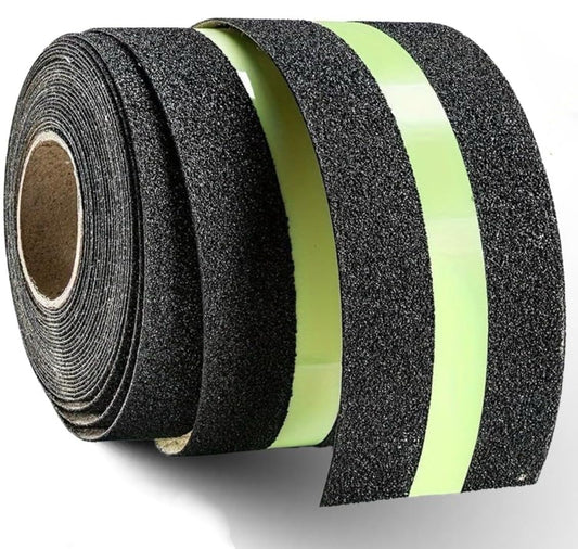 1Roll 5cmx5m Anti-Slip Traction Tape with Glow in the Dark Stripe, Waterproof Non-Skid Adhesive for Stairs, Steps, Outdoor & Indoor Use, High-Traction Safety Treads for Kids & Seniors (Black)