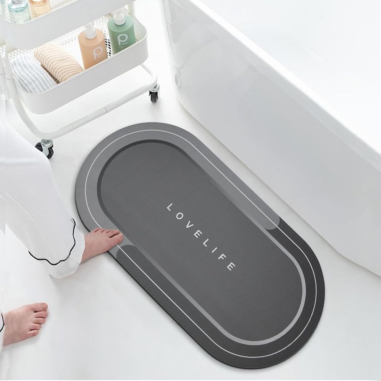 Rubber Bath mats Quick-Drying Non-Slip Bathroom mat Super Absorbent Bath mat Instant Dry Bath mat, Bathroom Rug in Front of The Kitchen Sink, Shower Room, Bathtub, Oval(Grey+16.9x26.7in)