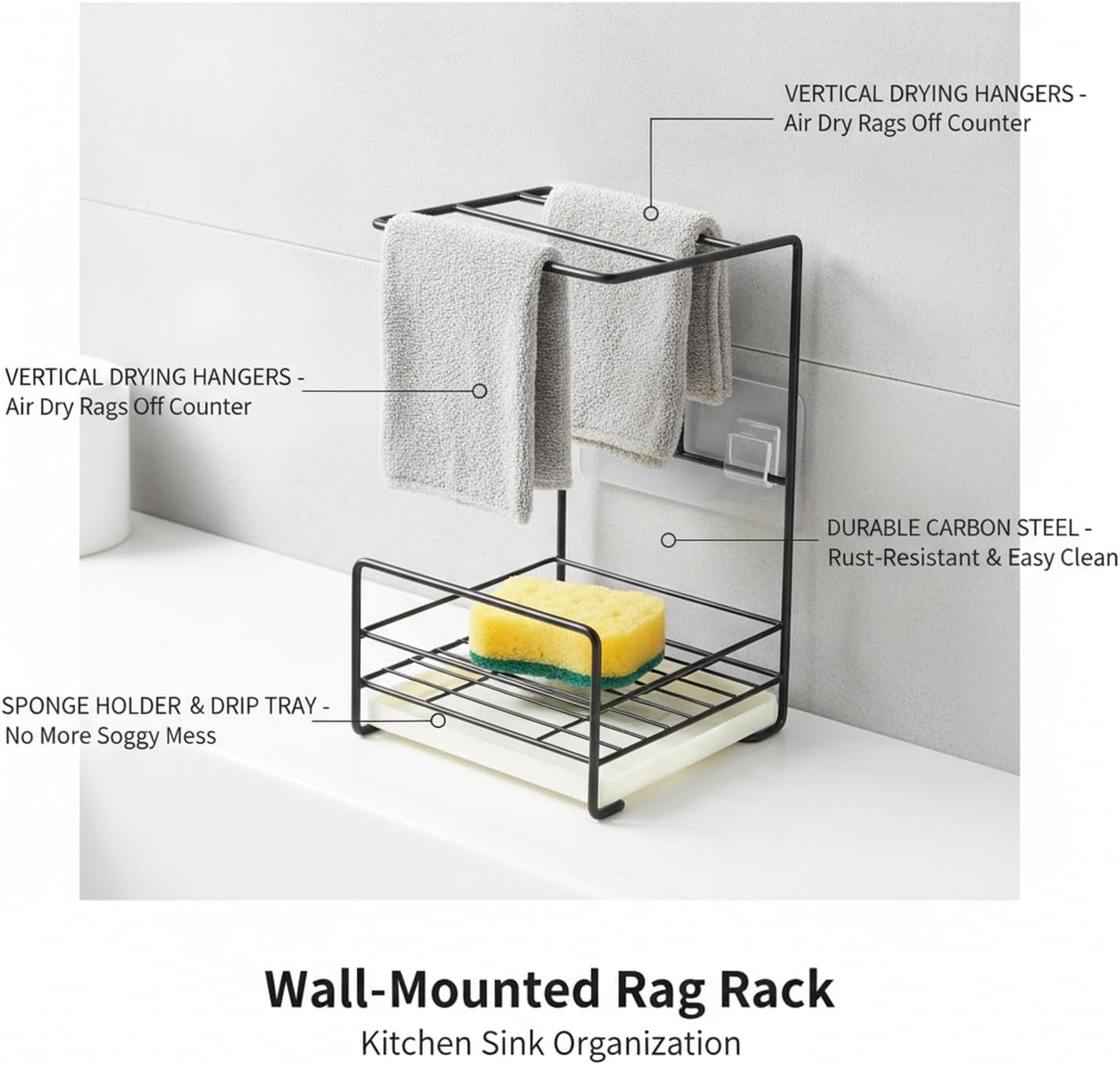 Wall-Mounted Kitchen Rag Rack, Carbon Steel Sponge & Cloth Holder for Sink Side Organization, Space-Saving Drying Rack (Black/White)