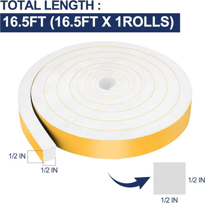 66Ft Foam Tapes Self Adhesive Foam Seal Strips 1/2In x 1/8In x 33.1Ft Each Roll Weatherstrips High Resilience Weather Stripping Door Seals for Door Soundproofing, Window Insulation (2R, White)