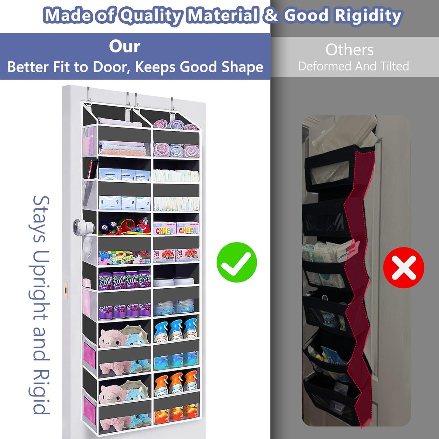 Heavy Duty Over The Door Organizer 5 Tiers, Extra Large Behind Door Storage of 10 Big Front & 10 Mesh Pockets, 80lb Weight Capacity, Hanging Doors Storage Organizer for Closet Bedroom Nursery, Grey