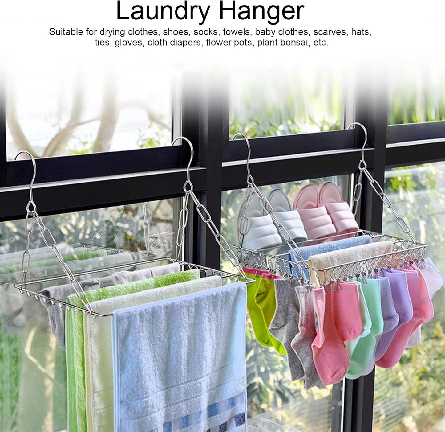 Stainless Steel Sock Drying Rack,Multifunctional Laundry Drying Rack Hanging Drying Rack Swivel Hook Wind Proof Clothes Hanger Rack with Clips for Hanging Clothes Towels Socks (Without Clip 40cm)