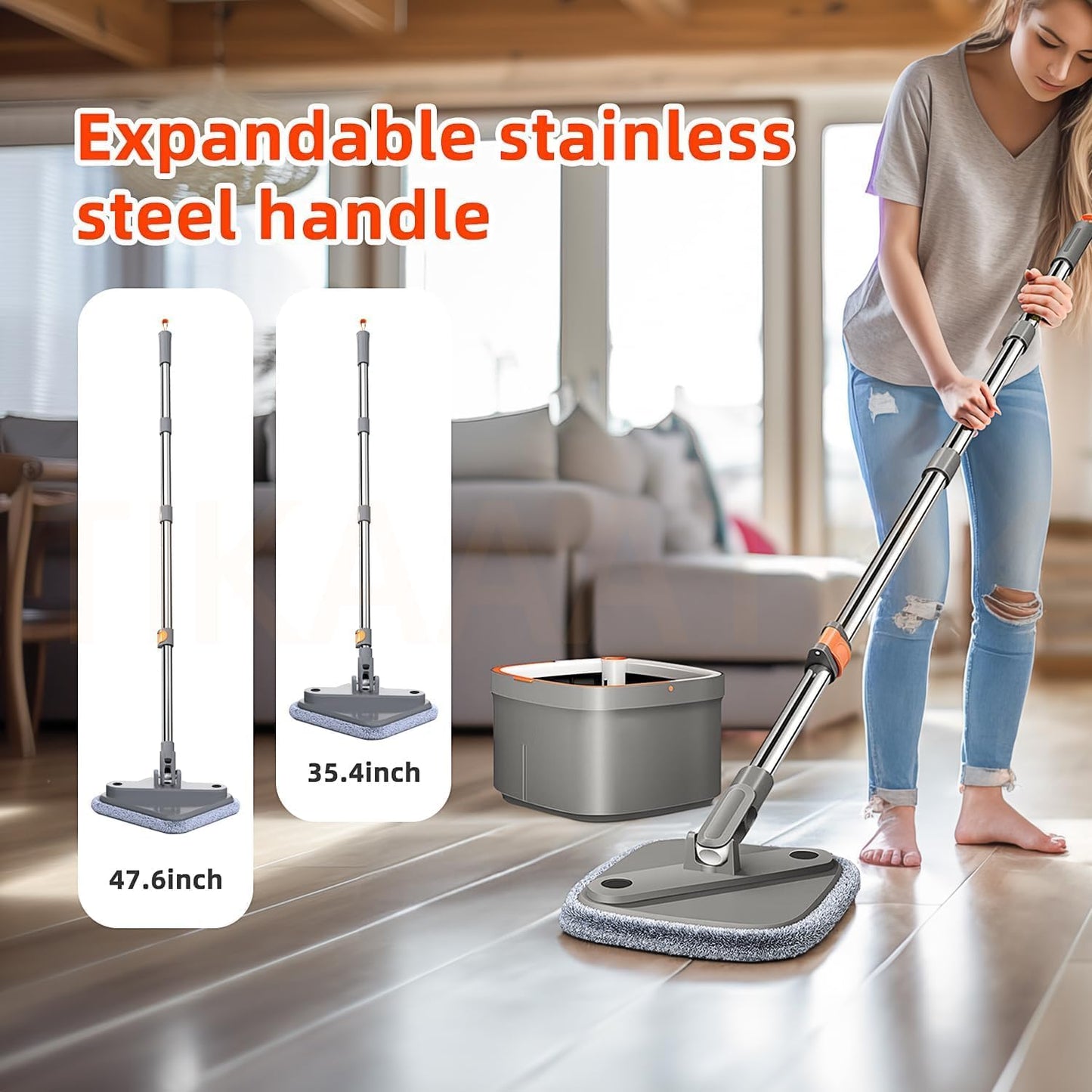 Spin Mop and Bucket Set with 2 Replaceable Microfiber Mop Pads with Self Separation Dirty and Clean Water System, Self Wringing 360° Rotating Square Mop Head for Hardwood Tile Marble Floors
