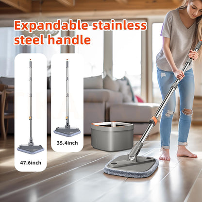 Spin Mop and Bucket Set with 2 Replaceable Microfiber Mop Pads with Self Separation Dirty and Clean Water System, Self Wringing 360° Rotating Square Mop Head for Hardwood Tile Marble Floors